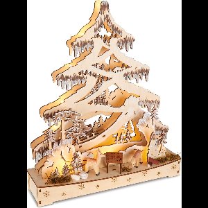 BRUBAKER 3D-lichtboog, led-lichtboog, dennenboom, bos, kerstverlichting van natuurlijk hout, 34 x 28 x 9 cm, handbeschilderde figuren, kerstdecoratie voor tafel en raam