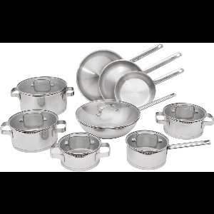 ELLE Gourmet Moderne 9-delige RVS Pannenset - Koekenpannen + Kookpannen + Wokpan + Steelpan - Met Deksel - PFAS vrij - Inductie