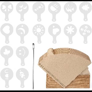 Allecto Plus - Koffie Accessoires Set: 100 Stuks Koffiefilter & 16 Stuks Latte Decorating Stencils - Art Pen - Wegwerp Filters voor Koffie Dripper - Giet Over Koffiezetapparaat - Ongebleekt Papier.
