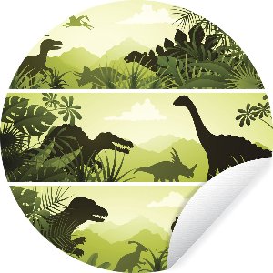 WallCircle - Muurstickers - Behangcirkel - Dinosaurus - Jungle - Illustratie - Kinderen - Jongens - Kindje - 100x100 cm - Muurcirkel - Zelfklevend - Ronde Behangsticker XXL