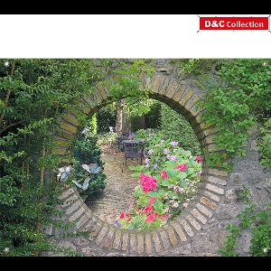 D&C Collection - tuindoek - 90x65 cm - doorkijk - geheime tuin bloemen - romantische tuinset - hortensia's en vlinders- tuindecoratie - tuinposter