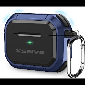 Schokbestendig Hoesje - Geschikt voor Apple AirPods 4 - Hardcase Met Sleutelhanger - Zwart & Donker Blauw