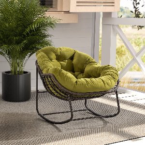 Merax Tuin Schommelstoel – Olijfgroen Rattan Relaxstoel met Kussens – Outdoor Schommelstoel voor Tuin - Balkon - Woonkamer of Patio