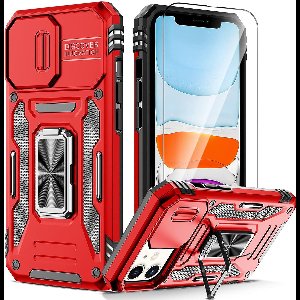 Podec Hoesje geschikt voor iPhone 11 Rood Telefoonhoesje - Anti-Shock Case Cover Hybrid Armor Hoes met Kickstand Ring met Screenprotector