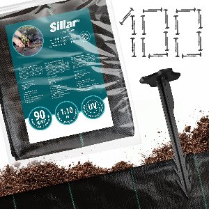Sillar, onkruidvlies tuinvlies, tegen onkruid, agrotextiel, plantenbescherming, duurzaam, UV-bestendig, agrotextiel voor het snijden, universeel, 90 g/m2, 1 m x 10 m + Gronddoekpennen 12cm, 100stk
