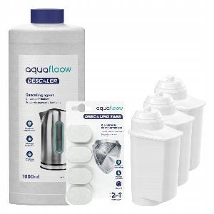 AquaFloow, 3 stuks waterfilter voor espressomachine, voor Koffiezetapparaten Bosch Siemens, compatibel met Siemens EQ.3- EQ.9, vervanging 575491 / 467873 / TCZ7003 / TZ700D3 + Ontkalker, universal, 1l + Tabletten voor ontkalking, 4 stuks