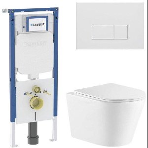 QeramiQ Dely Toiletset - 36.3x51.7cm - diepspoel - rimless - Geberit UP720 inbouwreservoir - softclose toiletzitting - mat witte bedieningsplaat - rechtehoekige knoppen - wit glans