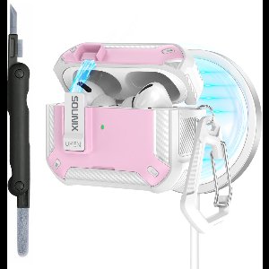 Sounix Hoesje geschikt voor Airpods Pro 1 / 2 - Met schoonmaak borstel - Airpods Pro Hoesje - Armor Case met Lock - Wit/Roze