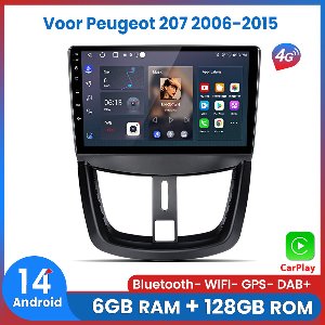 Awesafe 6+128GB Android14 Carplay Autoradio - Geschikt Voor Peugeot 207 2006-2015 - Draadloze Carplay Android Auto - Touchscreen - GPS Navigatie 4G WiFi - Bluetooth Radio