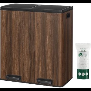 Furnstar Vuilnisemmer - 2 x 30 L - 2 vakken - Afvalscheidingssysteem - Pedaalemmer keuken - Afvalemmer met binnenemmer van kunststof - Klapdeksel softclose - Metaal - Donkerwalnootkleur