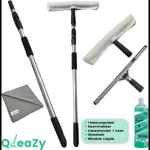 Raamwisser met telescoop steel 1,2m | Professionele Zeemset | SET raamwisser 45 cm + 45cm inwasser met hoes & QleaZy Window Liquid.