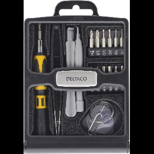 DELTACO VK-36 Gereedschapskit voor reparatie van tablets en smartphones, 20 delen, opbergdoos, zwart
