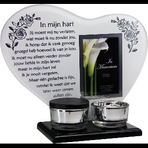 Waxinehouder in memoriam overleden glas hart met mini urn gedicht In mijn hart...