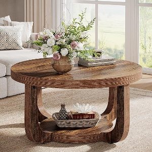 Ronde Salontafel 80 cm – 2-Lagen Houten Tafel met Opbergruimte voor Woonkamer – Rustiek Bruin – House&Garden