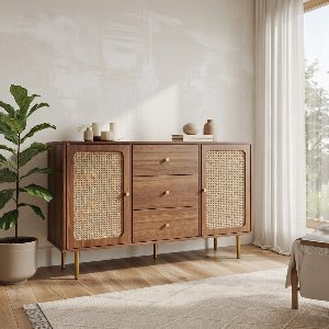 Kast met lades en deuren Retro Design, Houten Opbergkast met Rattan Deuren en Verstelbare Plank voor Slaapkamer, Woonkamer en Hal – House&Garden