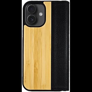 Houten flip case, iPhone 16 – Bamboe met zwart leer