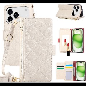 Luxe Wallet Case – Geschikt voor Apple iPhone 17 Pro Max – Telefoonhoesje met Ritsvak, Kaartsleuven & Verstelbare Schouderriem – Wit