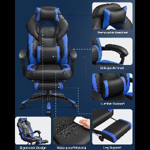 SONGMICS Gaming Chair, bureaustoel met voetsteun, bureaustoel, ergonomische vormgeving, verstelbare hoofdsteun, lendensteun, tot 150 kg belasting, blauw-zwart OBG77BU