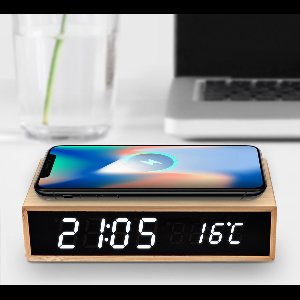 Mikamax Bamboo Wireless Charger Clock - Wekker - Bamboe - Draadloos Opladen - Ingebouwde Thermometer - Incl. USB-C Kabel
