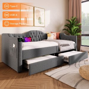 90x200cm Gestoffeerd bed Daybed Slaapbank Opbergbedden Bedframe met USB Type C oplaadfunctie en 2 lades Fluweel in Grijs Fluweel (Zonder matras)