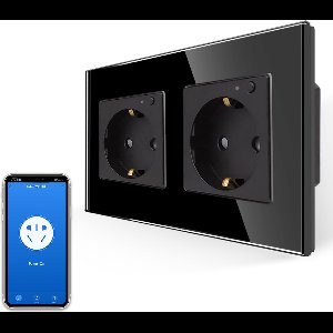 SmartinHuis - Slim tweevoudig stopcontact - Zwart - Kristalglas - Wifi - Compatibel met Google Home