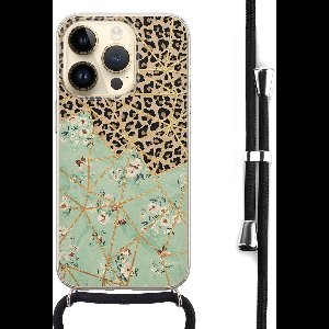 Hoesje met koord - Geschikt voor iPhone 14 Pro - Luipaard bloemen print - Verstelbaar zwart koord - Transparant, Multi - Bloemen - Leuke Telefoonhoesjes