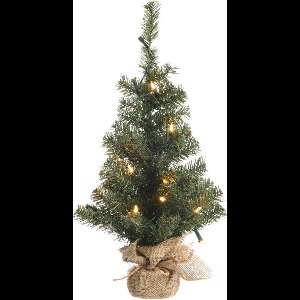 Everlands mini kunstkerstboom - 60 cm hoog - In jute zak - Met verlichting