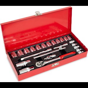 Doppenset 24-delig (¾ inch Opname) – Met Ratel, T-Schuif & Kardangewricht | Inclusief Verlengstukken, Bougiedoppen (16 & 21 mm) – Metalen Koffer – Duurzaam & Compleet