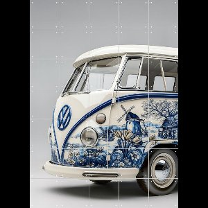 IXXI Delfts Blauwe VW Bus 5, Margriet Hulsker - 100 x 140 cm - Gratis ophangtool - Grote wanddecoratie en posters - Illustraties, Vintage, Woonkamer
