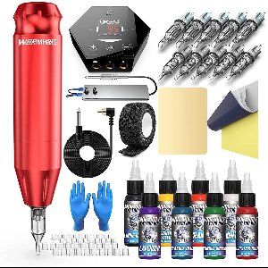 Namajunas - Tattoo machine beginner set - Tattoo Pen - 8 tattoo inkt - 10 tattoo naalden - Tattoo gun - Tattoo set compleet - Rotary Tattoo Machine voor Stick and Poke, PMU en Professionals - Zwart/Rood