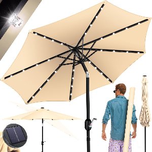 KESSER® Parasol LED Solar Stokparasol met Zwengel Incl. 2in1 Beschermhoes Transporttas, Tuinparasol, Parasol voor Balkon Tuin & Terras Verstelbaar Buigbaar Balkonparasol - Rond, Beige