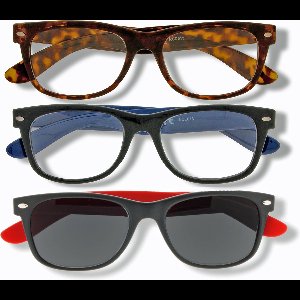 Noci Eyewear set van 3 (zonne)leesbrillen Wayefarer - sterkte +3.00 - 1 x tortoise - 1 x zwart/navy - 1 x zonneleesbril zwart/rood