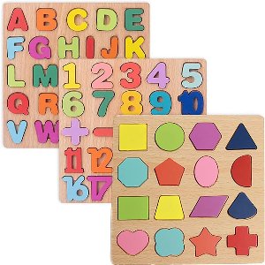 Houten puzzels voor peuters, 3-pack alfabetvormpuzzels voor kinderen 3 houten Montessori peuter houten alfabet cijfervorm voor kinderen van 3 jaar oud jongens en meisjes