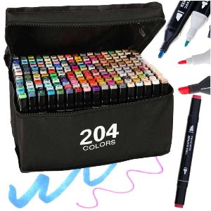 IKONKA 204-delige Dubbelzijdige Alcoholmarkers – Professionele Markerset in Etui – Twin Markers met Brede en Fijne Punt