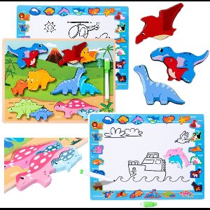 Houten Educatieve Dinosaurus Puzzel Bord 2-in-1 - Met Tekenbord en Uitwisbare Stift - 12 Delen - Puzzel en Teken Bord - 2 in 1 - Whiteboard