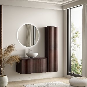 LOMAZOO Badmeubelset Ribbel Walnoot 80 cm - Waskom Wit - Badkamermeubel Set Bruin Geribbeld - Wastafelmeubel - Waskom Opbouw - Badkamerkast hoog [TROPANI]