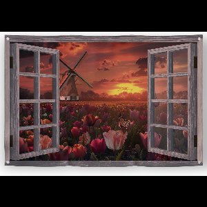 Prachtige Tuinposter doorkijk met bloemen, vlinders, zonsondergang en oude molen in een tulpenveld, 120x80 cm; Tuinschilderij, Schuttingposter, Schuttingdoek, Schutting decoratie - tuinposter vlinder - tuinposters bloemen: tuinposters in tuin