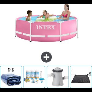 Intex Rond Frame Zwembad - 244 x 76 cm - Roze - Inclusief Solarzeil - Onderhoudspakket - Zwembadfilterpomp - Solar Mat
