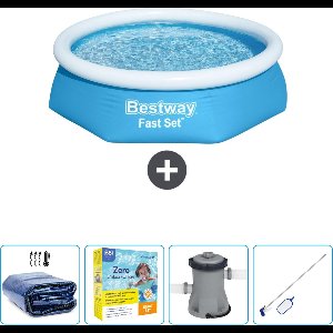 Bestway Rond Opblaasbaar Fast Set Zwembad - 244 x 61 cm - Blauw - Inclusief Solarzeil - Onderhoudspakket - Pomp - Schoonmaakset