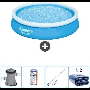 Bestway Rond Opblaasbaar Fast Set Zwembad - 366 x 76 cm - Blauw - Inclusief Pomp Filter - Schoonmaakset - Solarzeil