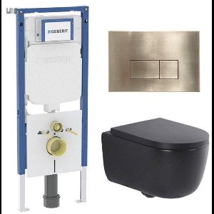 QeramiQ Dely Swirl Toiletset - 36.3x51.7cm - Geberit UP720 Duofix Sigma inbouwreservoir - 35mm zitting - geborsteld messing bedieningsplaat - rechthoekige knoppen - mat zwart