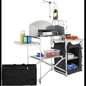 JGS® - Opvouwbare Outdoor Campingkeuken van Aluminium, Praktische Reiskeuken met Windbescherming en Lampmast, Ruime Keukenkast voor Vakantie en Reizen-