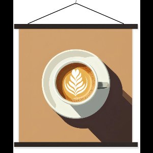 Posterhanger incl. Poster 90x90 cm - Schoolplaat - Cappuccino - Kop - Schotel - Minimalitisch - Textielposter - Zwarte latten