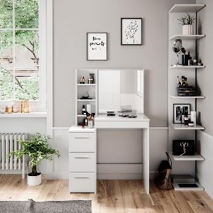 Luxe Make-up Kaptafel "Meryl Pro" – Spiegel met Opbergruimte – 4 Lades & 3 Open Planken – Wit – 80×40×127 cm – Moderne Schminktafel voor Slaapkamer & Dressing – Make-up Organisatie – Melamine Coating – Medahome