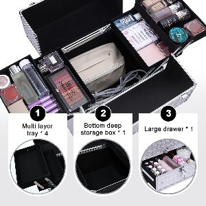 Professionele Make-up Trolley met Wielen en 360° Draaibare Wielen, Aluminium Cosmeticakoffer met 4 Compartimenten, Grote Reistrolley Organizer voor Tattoo, Kapper, Nageltechniek – Zwart