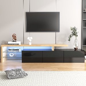 Modern tv-kastontwerp: stijlvolle elegantie, praktische opbergruimte, hoogglans zwart, houtlook, glazen planken, LED-verlichting
