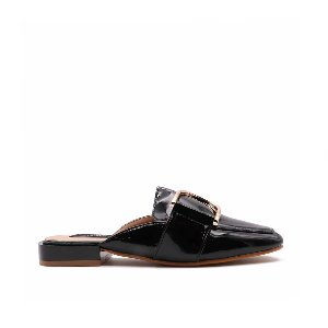 D-Buckle Muiltje Met Hak, Zwart Lak