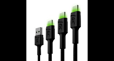 3x GC Ray USB-C kabel 30cm, 120cm, 200cm met groen LED verlichting, fast charging UC, QC 3.0