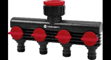 TOOLCRAFT 2302371 Kunststof 4-voudige splitser 26,44 mm (3/4) buitendraad, 33,25 mm (1) buitendraad Waterstop, Met reguleerventiel