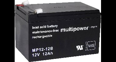 multipower MP12-12B Loodaccu 12 V 12 Ah Loodvlies (AGM) (b x h x d) 98 x 98 x 151 mm Contactpolen Onderhoudsvrij, Geringe zelfontlading, VDS-certificering